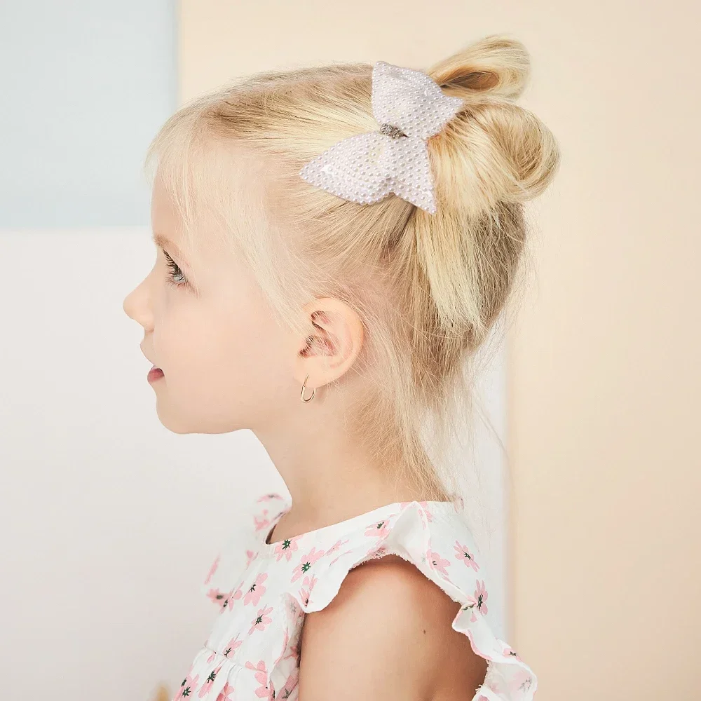 1PC New White Pearl Hair Bow Hair Clips for Girls Kids Boutique Layers Bling Rhinestone Hairpins Delicate Baby Hair Accessories