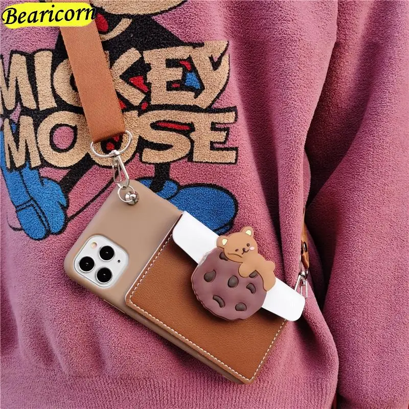 Crossbody Necklace Strap Phone Case for iPhone 15 14 Plus 13 12 mini 11 Pro Max X XR XS 6S 7 8 Plus Cartoon Leather Wallet Cover