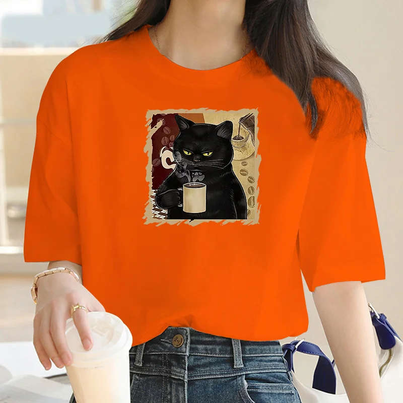 Maycar New Women t-shirt Cartoon Summer coffee Cat Print t-shirt Street Y2K t-shirt bianca a maniche corte donna casual top