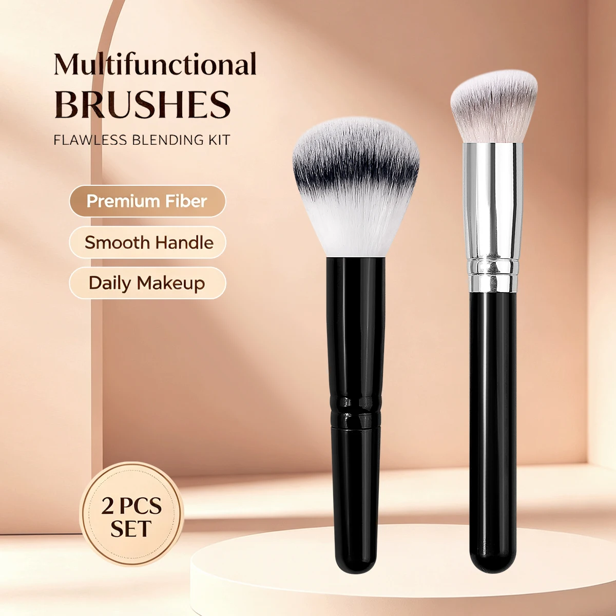 2Pcs Multifunctional Makeup Brush,Large Fluffy Powder Brush&Angled Blush Contour Brush,for Powder,Blush, Bronzer&Highlight