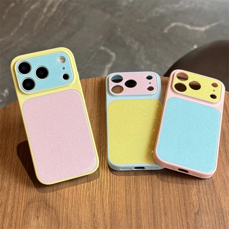 

Glitter Candy Color Phone Case For iPhone 15 16 17 Promax Luxury Pastel Colorblock Matte Cover Full Protection Shockproof