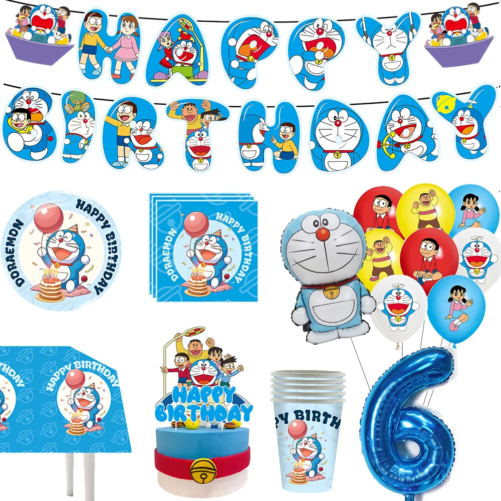 Artículos de Decoración para Cumpleaños de Doraemon, Platos, Servilletas de Papel, Mantel, Decoración para Pastel, Artículos para Fiestas
