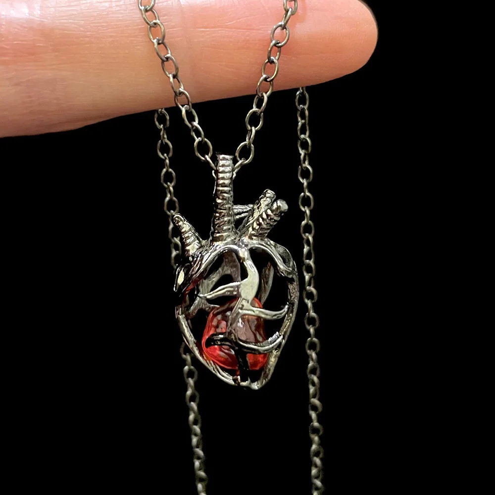 Heart Pendant Vintage Hollow Red Crystal Inside Gothic Soul Resonance Dark Punk Necklace Jewelry Gift For Men Women