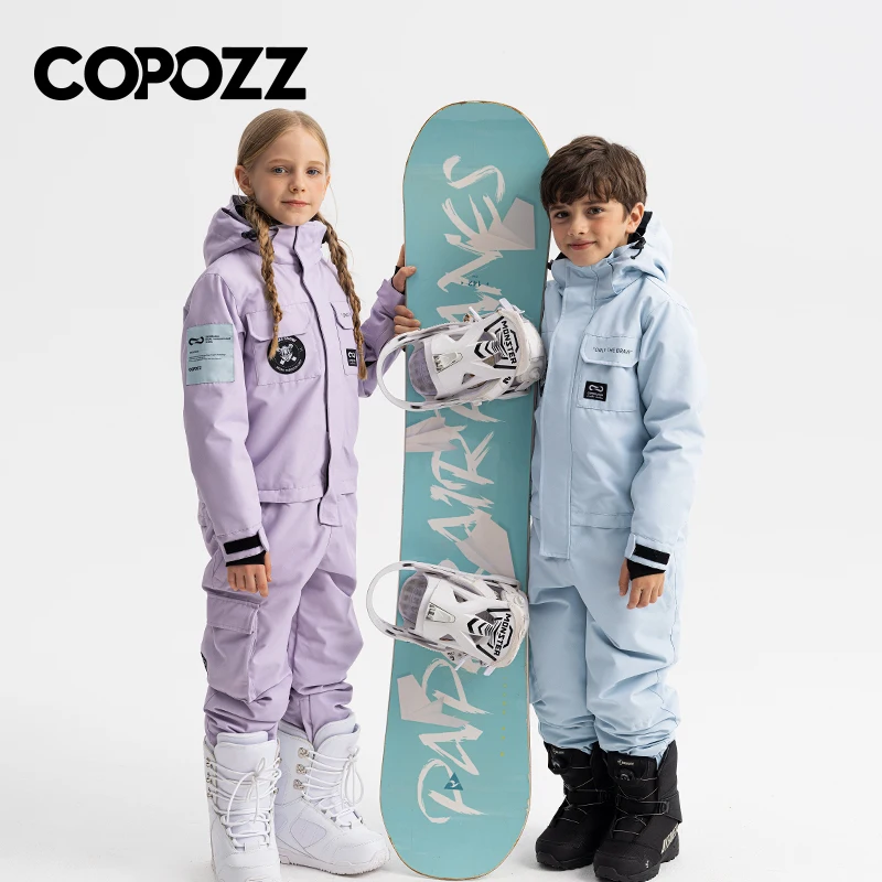 COPOZZ Jaket Ski Anak-anak Tebal Jumpsuit Snowboard Anak-anak Pakaian Melompat Hangat Tahan Air Musim Dingin Bertudung Pakaian Overall Anak Laki-laki dan Perempuan