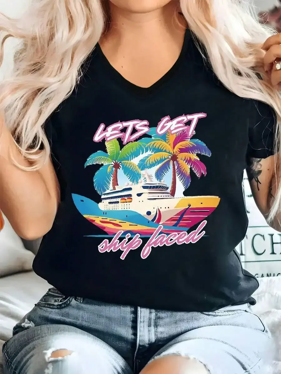 

Women Plus Size V-Neck Tropical Print Short Sleeve Tee Casual Beach Top Summer