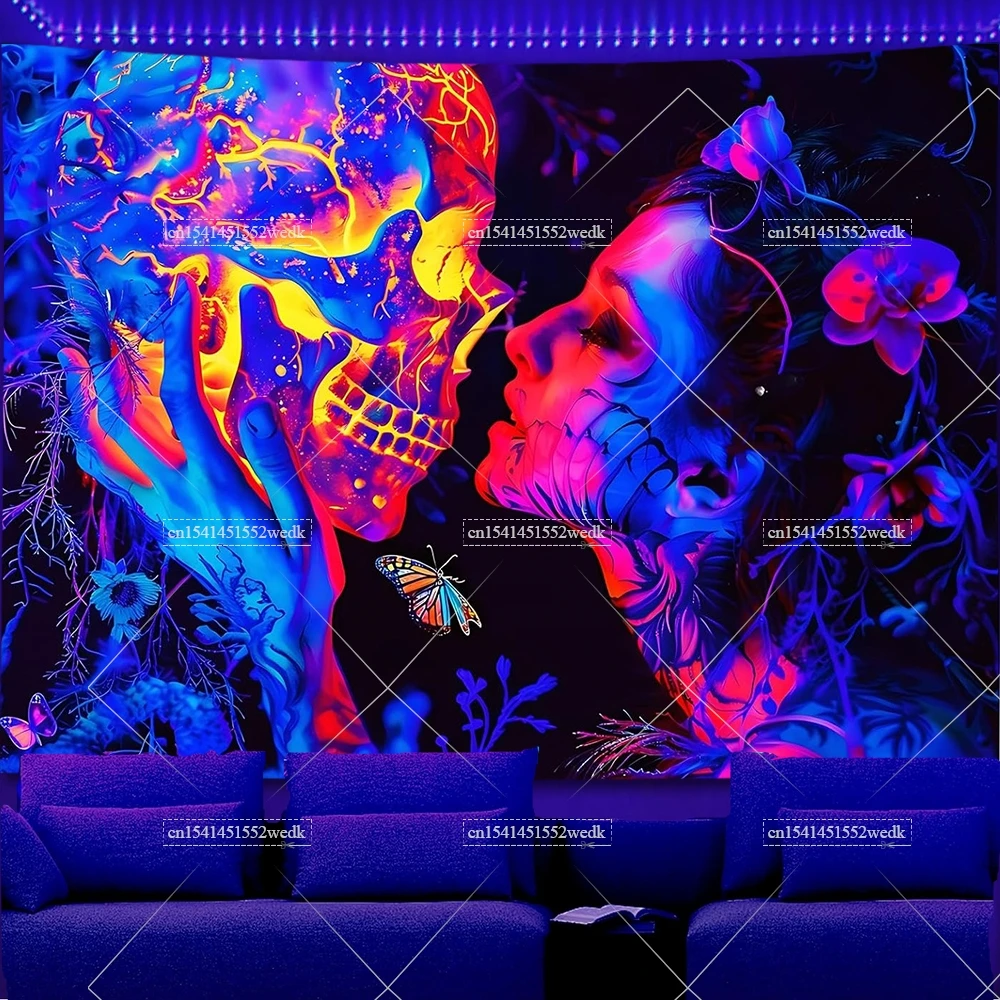 Leuchtende Wandteppiche mit Mädchenmotiv, Schwarzlicht-Wandteppiche, UV-reaktive Frauen-Wandteppiche, Leuchtende Raumdekoration, Ästhetische Neon-Fluoreszierende Hintergründe