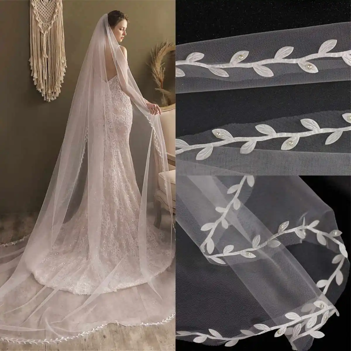 Simple Wedding Veil Appliques Pearls One Layer Long Chapel Length Bridal Veils Applique Bead Edge Wedding Accessory Custom Made