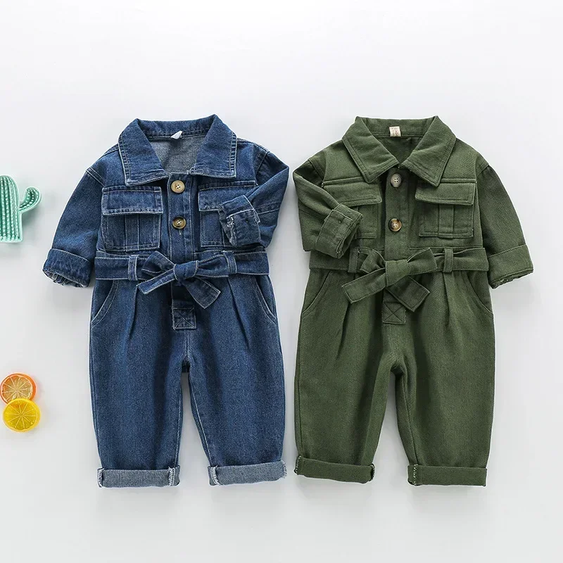 2024 Spring Kids Denim Jumpsuits Baby Long Sleeve Overalls Children Fashion Jeans Loose Trousers Korean Baby Boys Girls Outfit