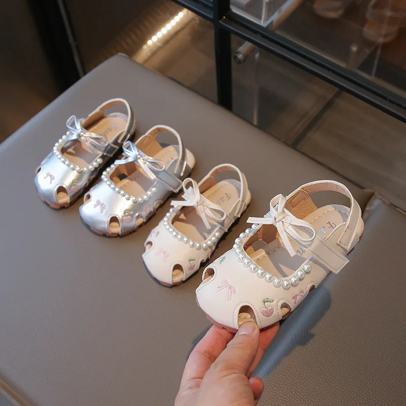 

Kids'Casual Shoes Printing Pearl Bow PU Leather Summer Shoes For Children Anti-slip Breathable Designer White Sliver Size 21-30