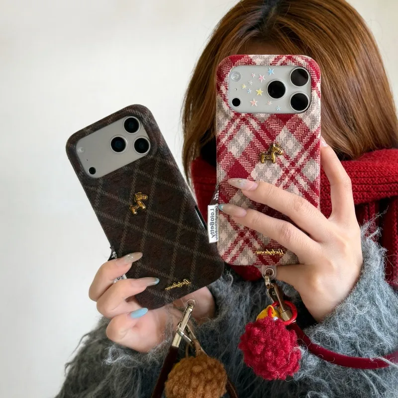 

Korean Plaid Pattern Plush Phone Case For iPhone 17 Pro 14 15 16 Pro Max Back Cover with Hand Rope Strap Shockproof Protective C