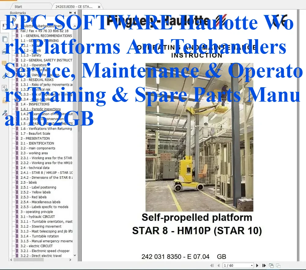 

EPC-SOFTWARE Рабочие платформы и телесудеры Haulotte Услуги, обслуживание и операторы Учебные и запасные части Руководство 16,2 ГБ