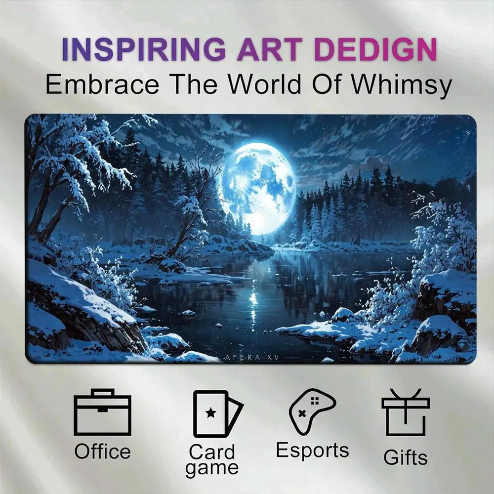 Snowy Moon Lake Desk Pad Non Slip Rubber Mousepad Fantasy Winter Night Scene Snow Covered Forest Giant Bright Moon