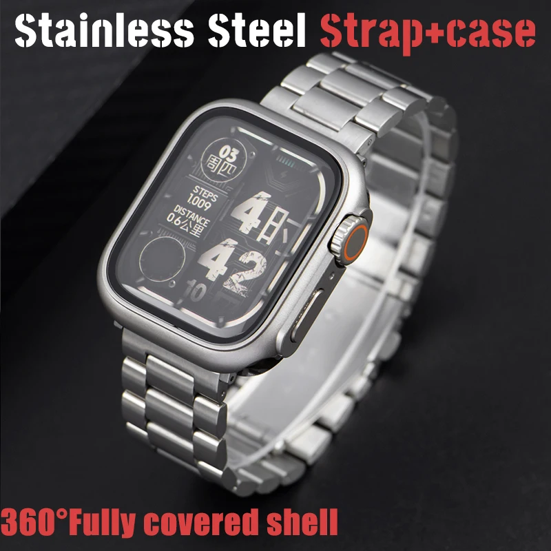 

Metal Strap+case for Apple Watch Band 44mm 45mm Upgrade Ultra 49mmPC Cover Correa Iwatch Series 8 7 6 SE 5 4 Bracelet