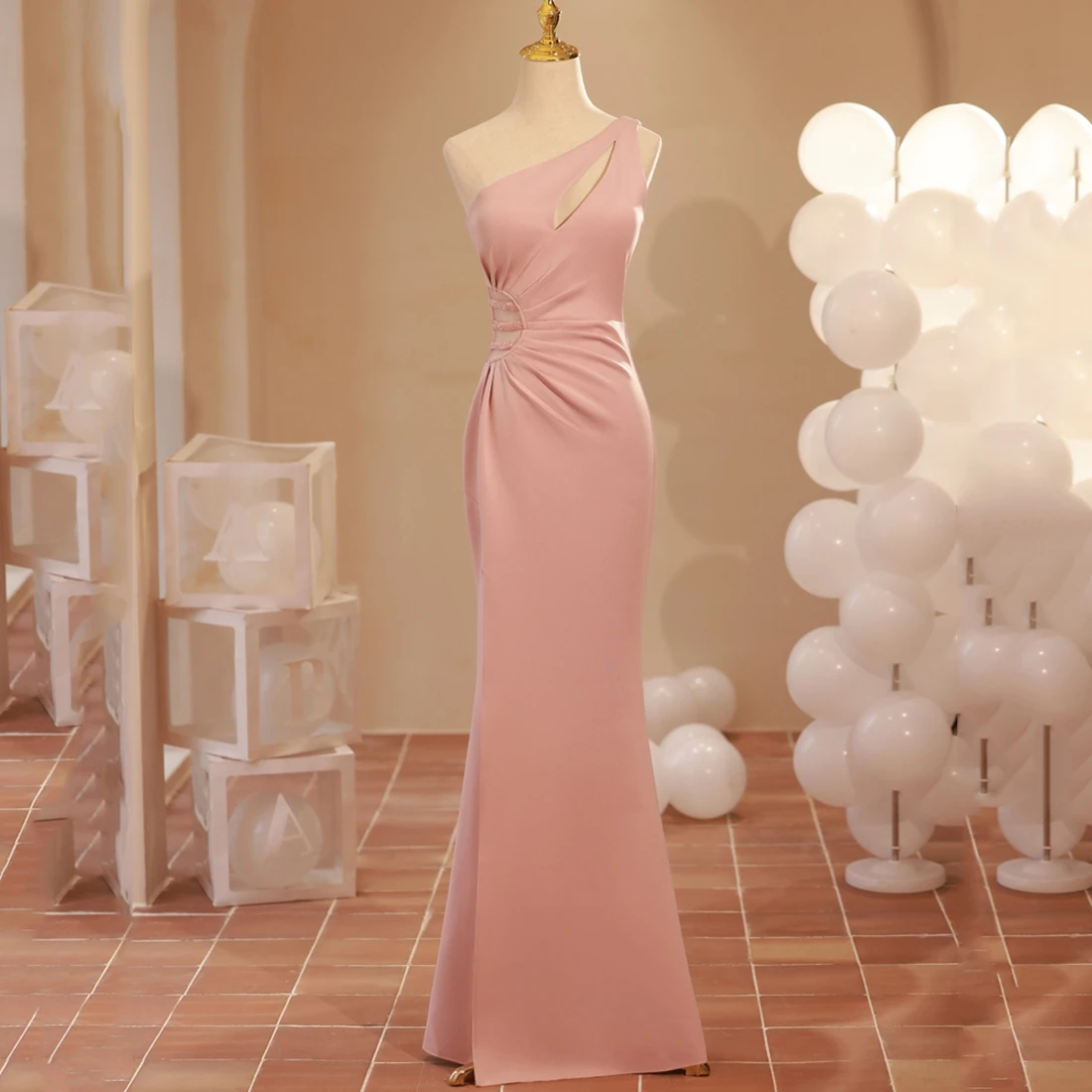 New Arrival One-Shoulder Pink Satin Evening Dress for Women Customized