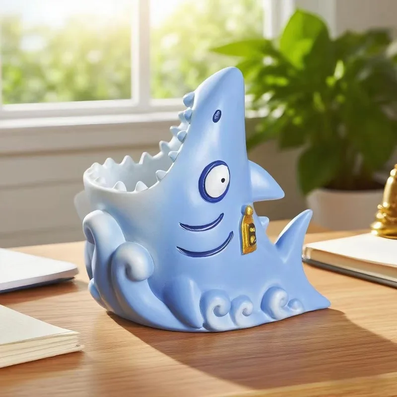 Creative and Quirky Shark Pen Holder Student Desktop Decoration Resin Ornament Graduation Holiday Gift