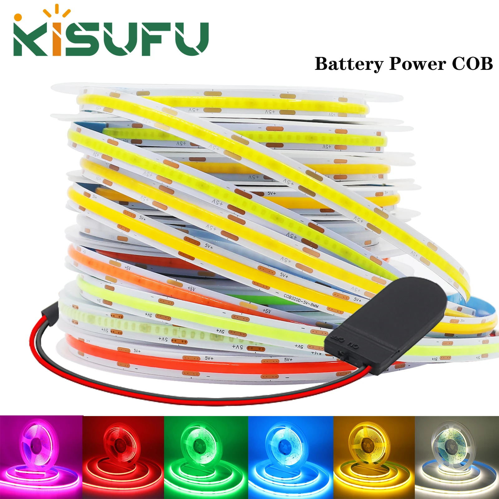 

8mm COB LED Strip Light Battery Powered Night Light Blue Red Pink White DC5V 320LEDs/M Flexible Adhesive Cabinet TV Backlight 3M