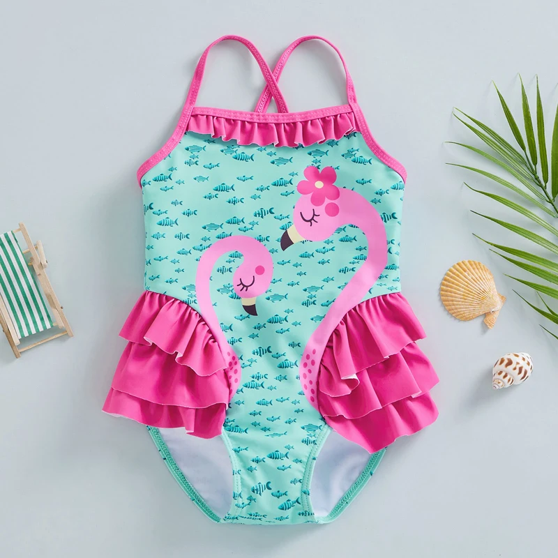 

2022-12-14 Lioraitiin 0-6Years Toddler Girl's Summer Jumpsuit Bikini, Flamingo Little Fish Print Sleeveless Ruffle Swimsuit