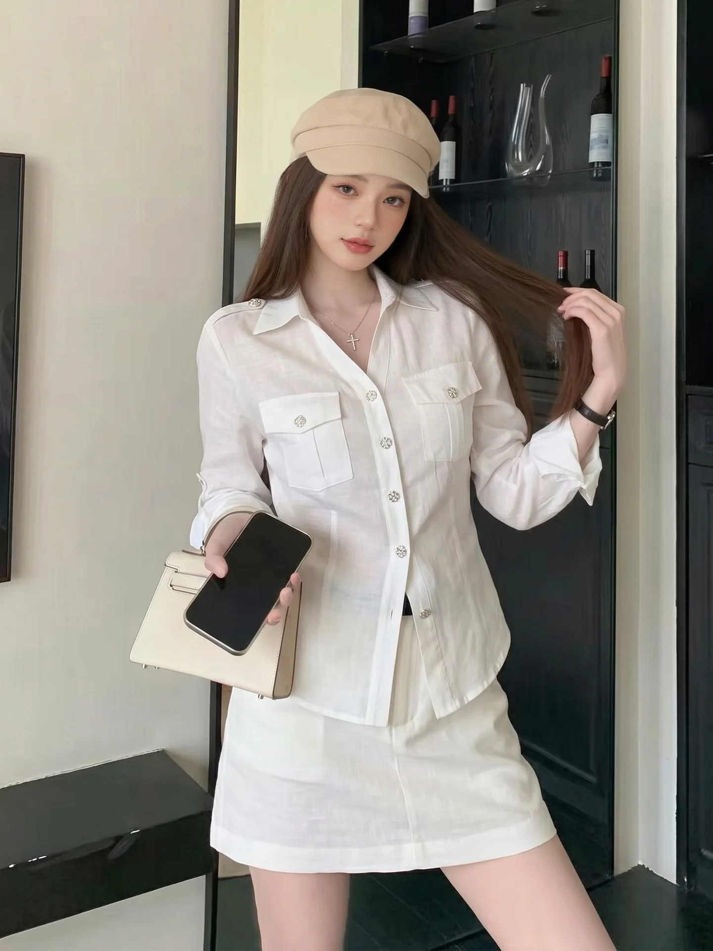 

French Style Slim Fit Shirt Women's Summer New Design Waist Cinched Belted Short Length Pocket Top City Walk Occasion