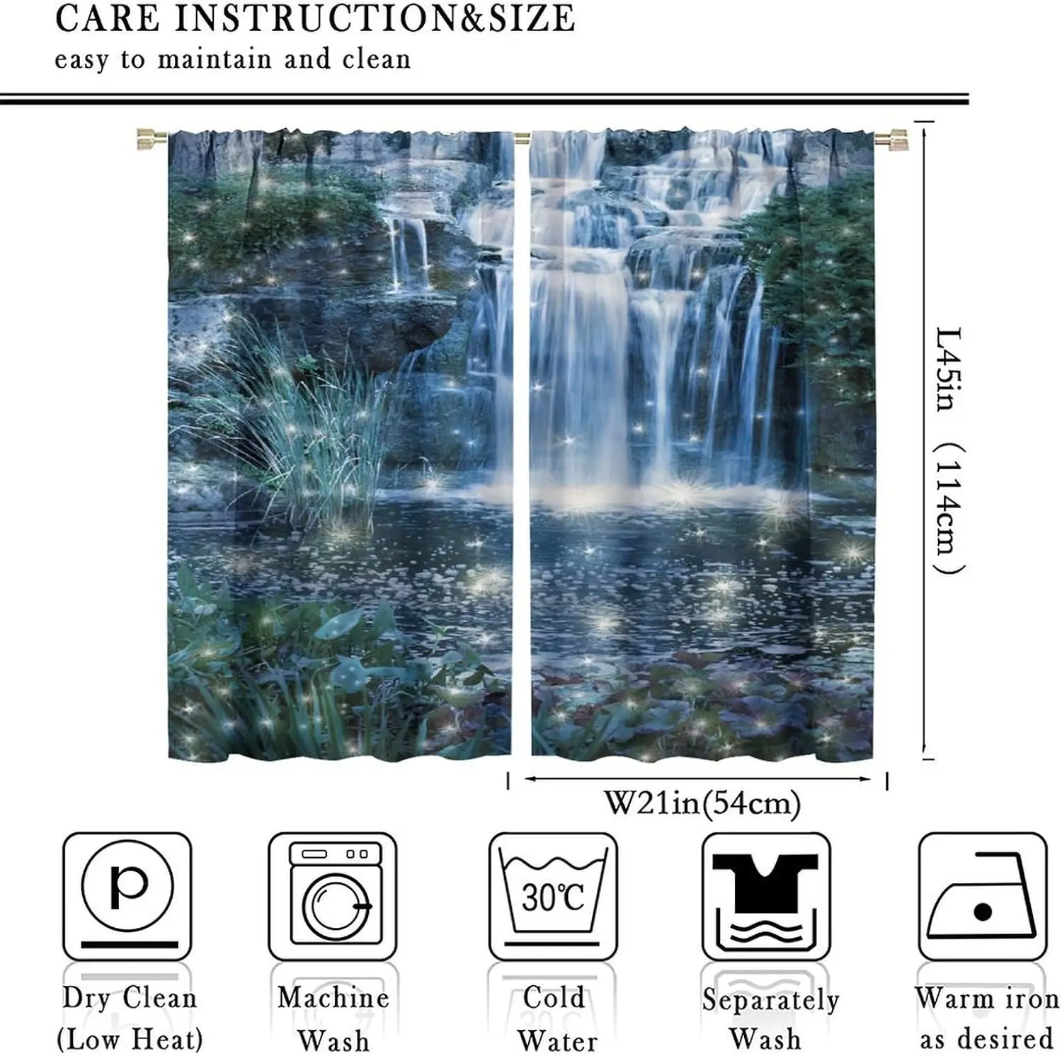 2 Panels Nature Waterfall Curtains Misty Mountain Stream Pond Green Reed Plant Glitter Star Print Window Curtains Bedroom Home