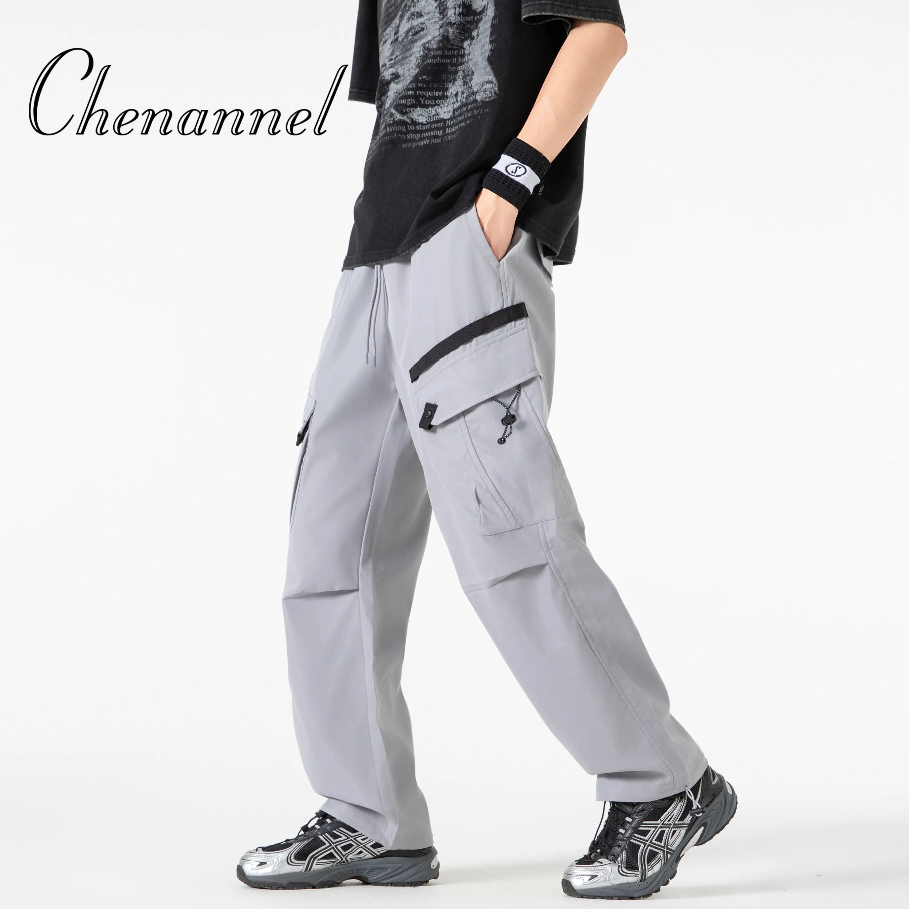 

Серые потертые рабочие брюки, весенне-осенние мужские свободные прямые драпированные брюки, осенние брюки со шнуровкой на спине