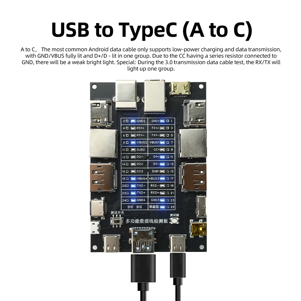 Multifunctional USB Data Cable Tester Short Circuit Switch Board Ethernet/Printing Line/Data Wire Detection Module with Battery