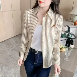 Light luxury high-end striped cotton ladies shirt temperament age-reducing versatile long-sleeved shirt