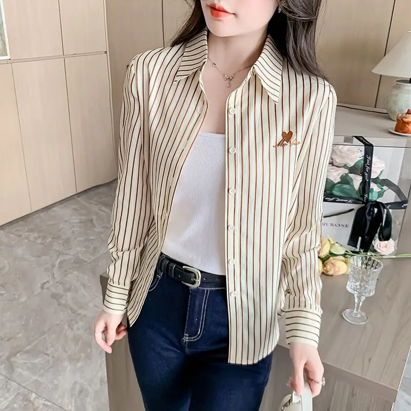 Light luxury high-end striped cotton ladies shirt temperament age-reducing versatile long-sleeved shirt