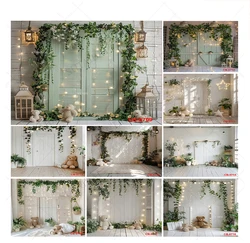 Spring Easter White Wooden Wall Photography Backdrop Green Leaves Toy Bear Lights Wedding Background Bridal Baby Shower Decor