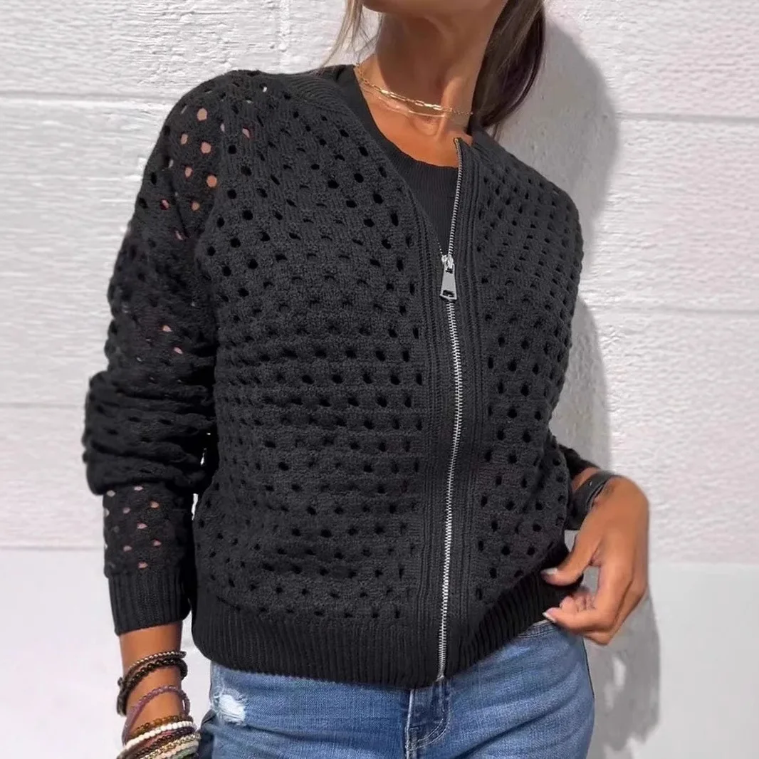 Women Hollow Out Knit Cardigan Long Sleeve Full Zipup ONeck Sweater Jacket Casual Loose Knitted Outerwear