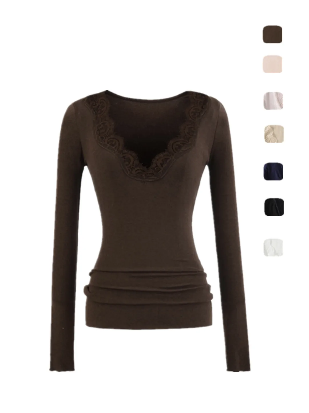 

Retro American Spicy Girl Sle T-irt Long Sve Lace Patchwork Slim Fit V-Ne Base irt Trendy Women's Faion