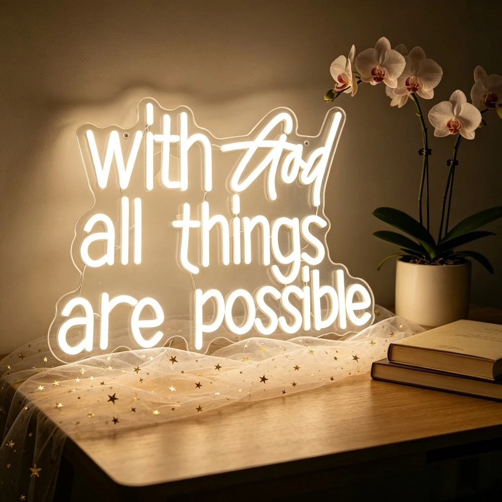 With God All Things Are Possible Neon Sign LED Light for Christian Decor USB Rechargeable Wall Art Religious Scripture Sign Gift