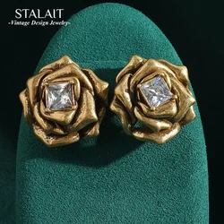 Vintage Retro Camellia Flower Earrings Stud For Women Gold Color Square Cubic Zircon Antique Luxury Quality Jewelry 2025