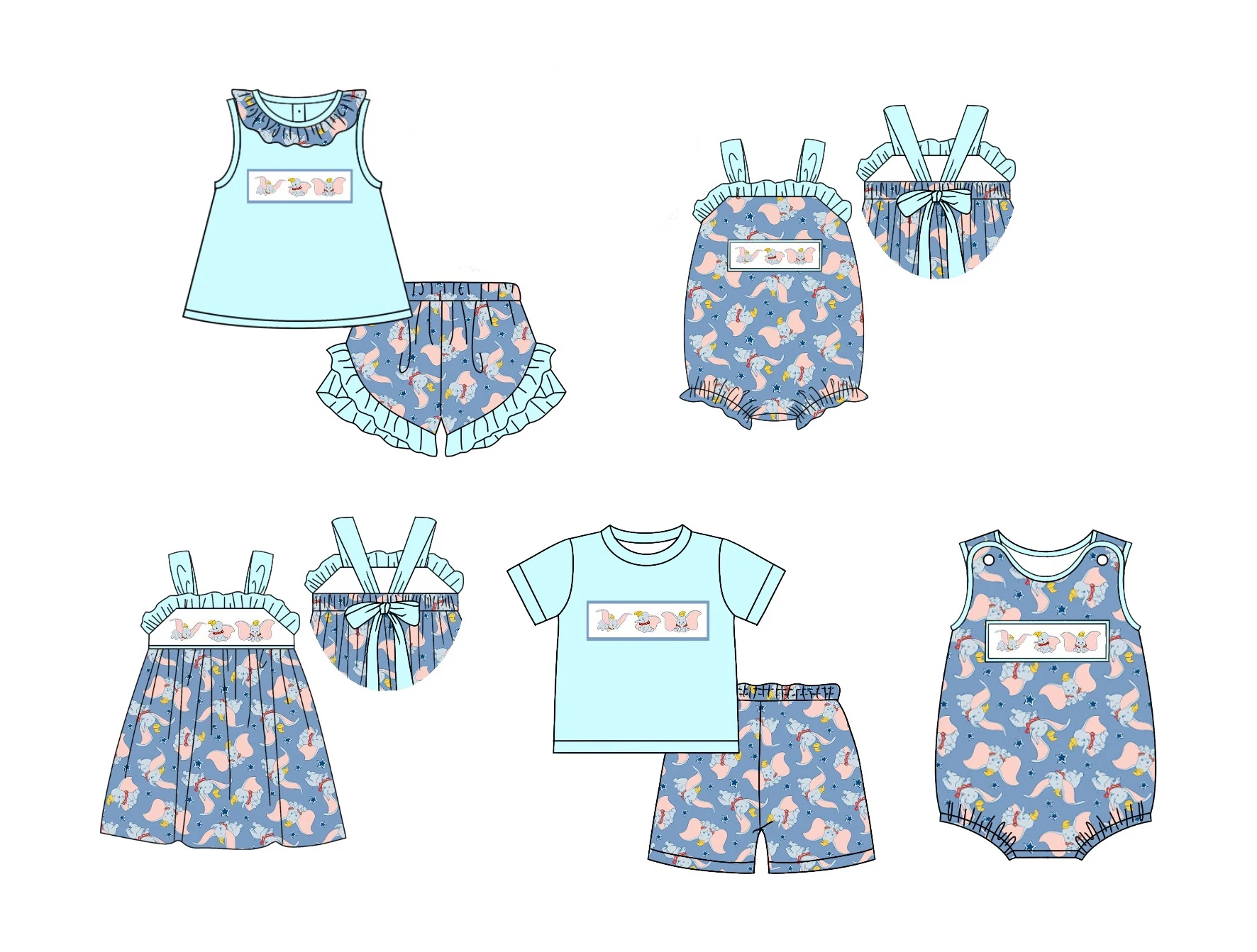 

Boutique Children's Clothing Wholesale Cartoon elephant fabric Short sleeves shorts set rompers dresses Toddler Baby Clothes