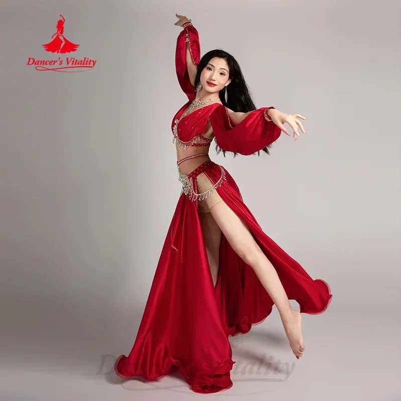 Belly Dancer เครื่องแต่งกายประสิทธิภาพอาวุโส AB หิน Bra + พู่ซาตินกระโปรงยาว 2pcs ผู้หญิง Oriental เต้นรําการแข่งขันเสื้อผ้า