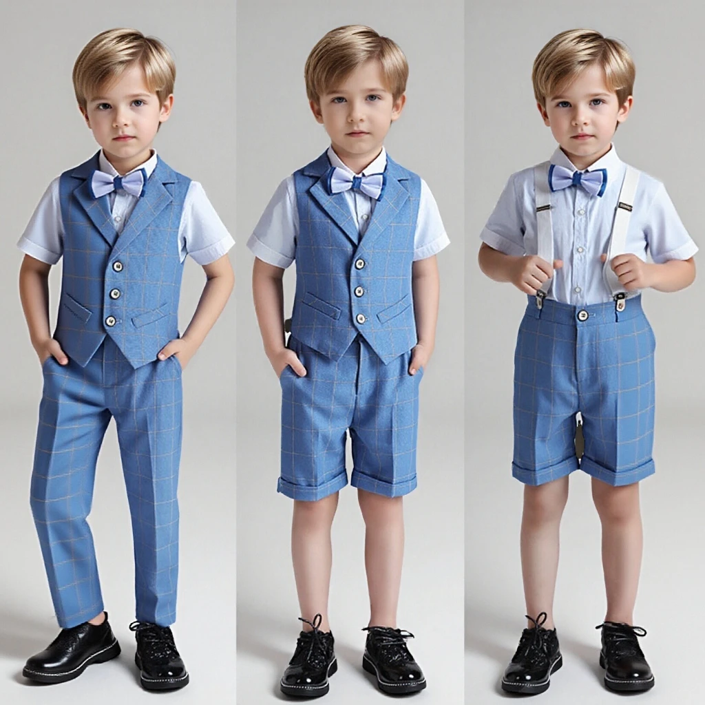 Boys Summer Vest Suit Set Elegant Blue Plaid Birthday Weddings Costume for Child School Clothes Kids Formal Performances Outfits