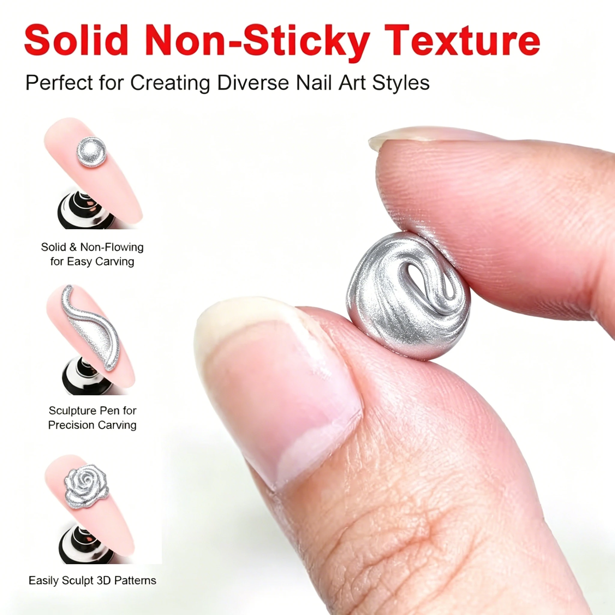 0.5 fl.oz Metallic Solid Builder Gel Non‑Sticky Mirror Effect UV LED 3D Sculpting Gel for DIY Salon Nail Art Decoration