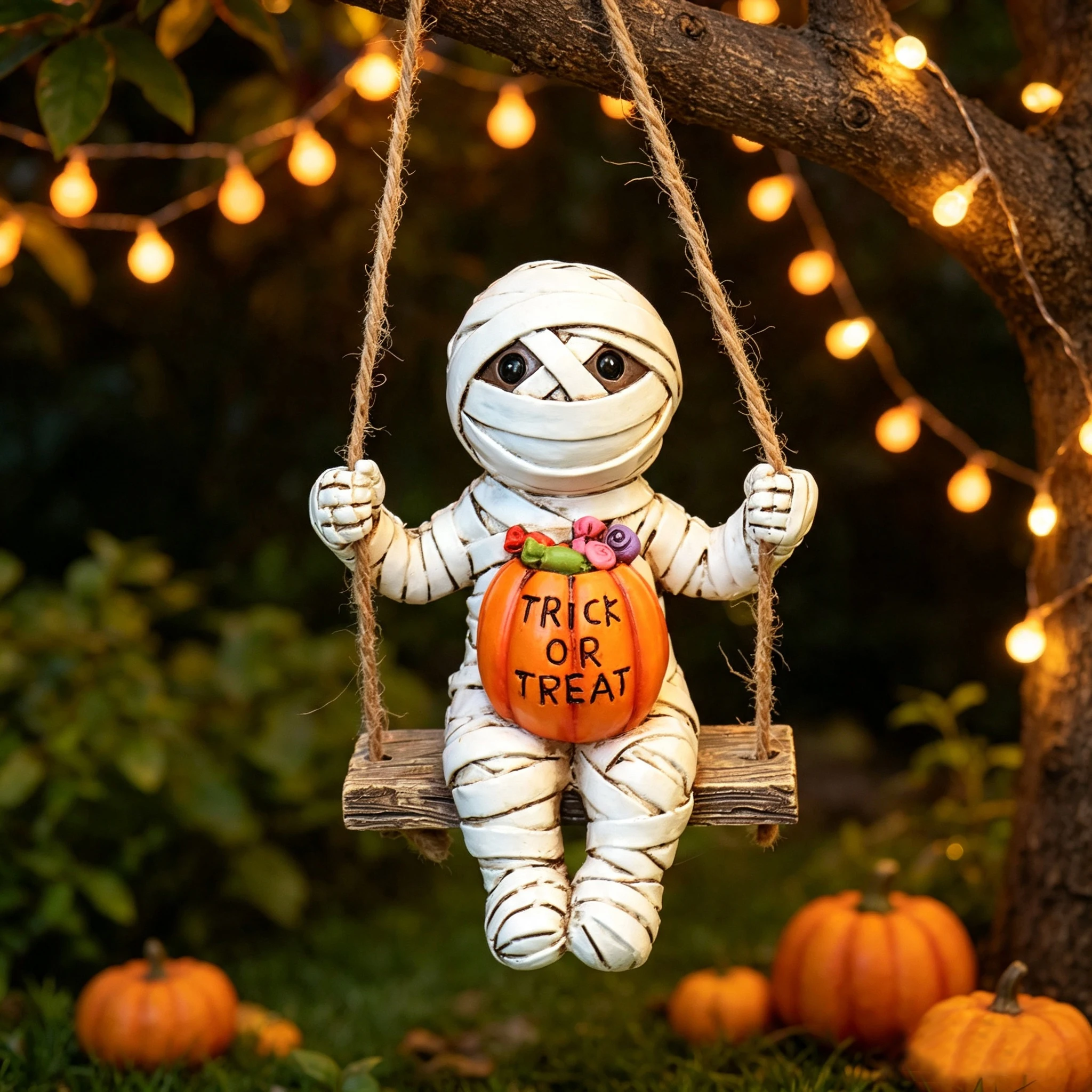 Cute Swing Mummy Figurine With Pumpkin, Halloween Resin Hanging Ornament For Yard Tree Home Holiday Decor