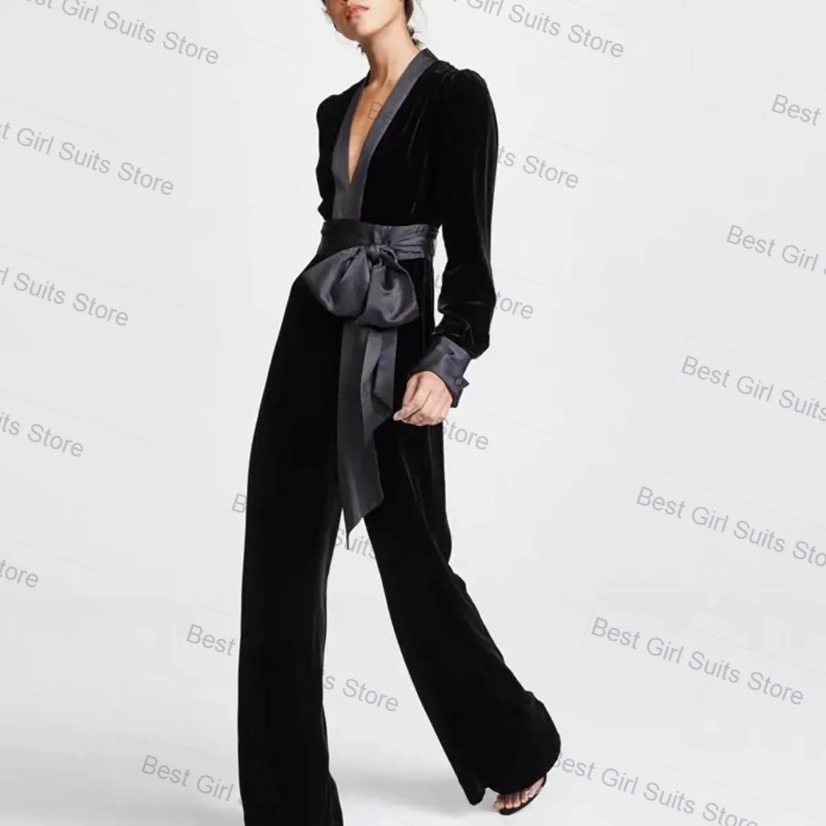 Samt-schwarzer Damen-Anzug-Set, 2-teilig, mit Gürtel, Blazer + Hose, Herbst, formelle Büro-Dame-Jacke, maßgeschneidertes Hochzeits-Smoking-Abschlussballkleid