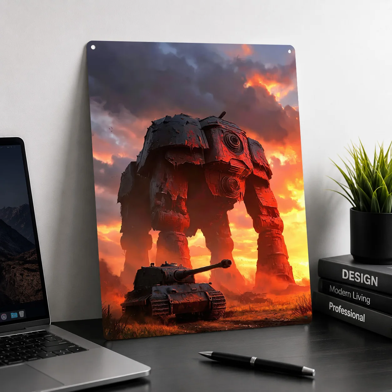 Giant Mech and Tank in Fiery Sunset 3D Printed Texture Poster Personalized Wall Art Retro Metal Tin Signs for Home Decoration
