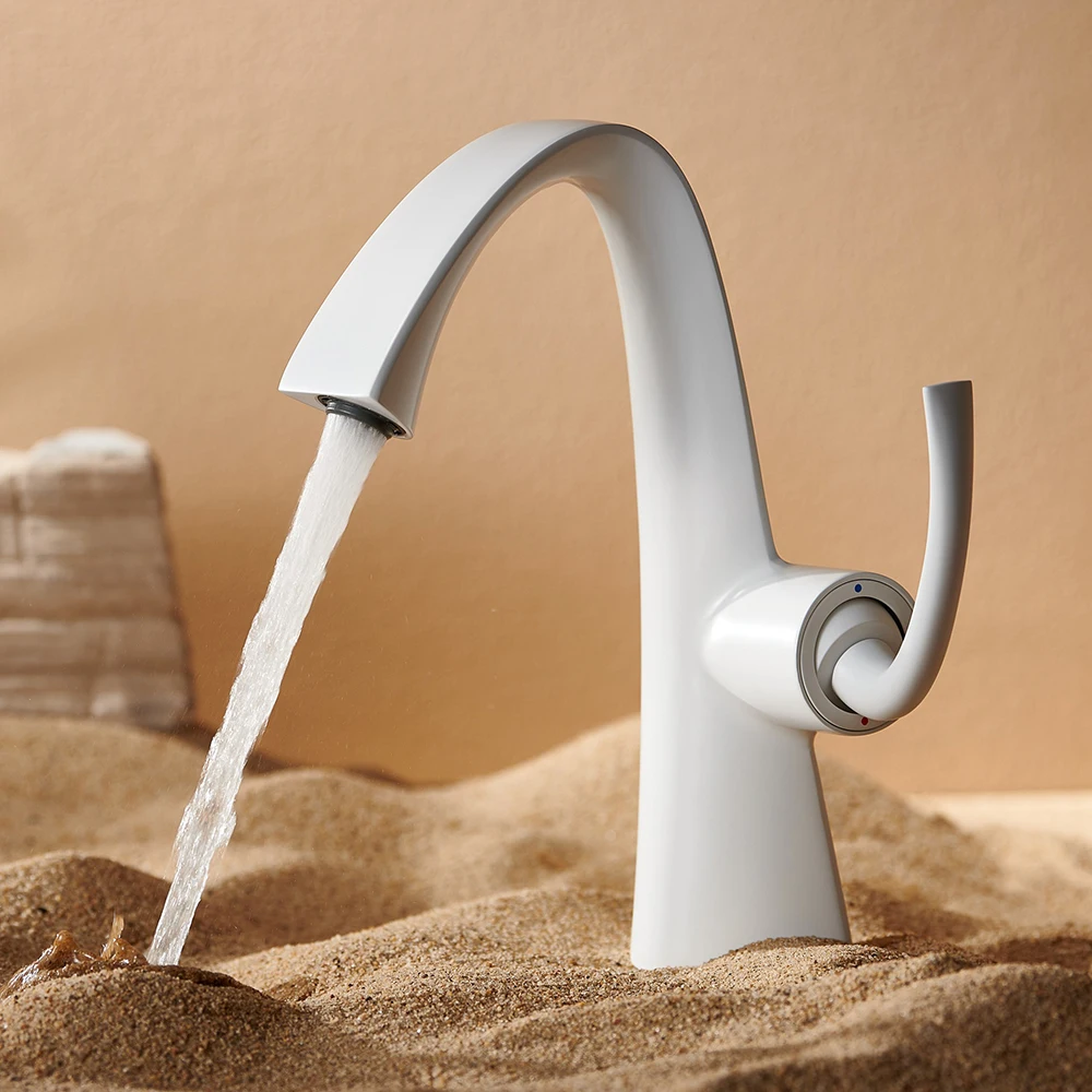 

Milky White Bathroom Basin Faucet Modern Minimalist Curved Spout Single-Handle Hot & Cold Mixer Tap for Bathroom Sink Home Hotel