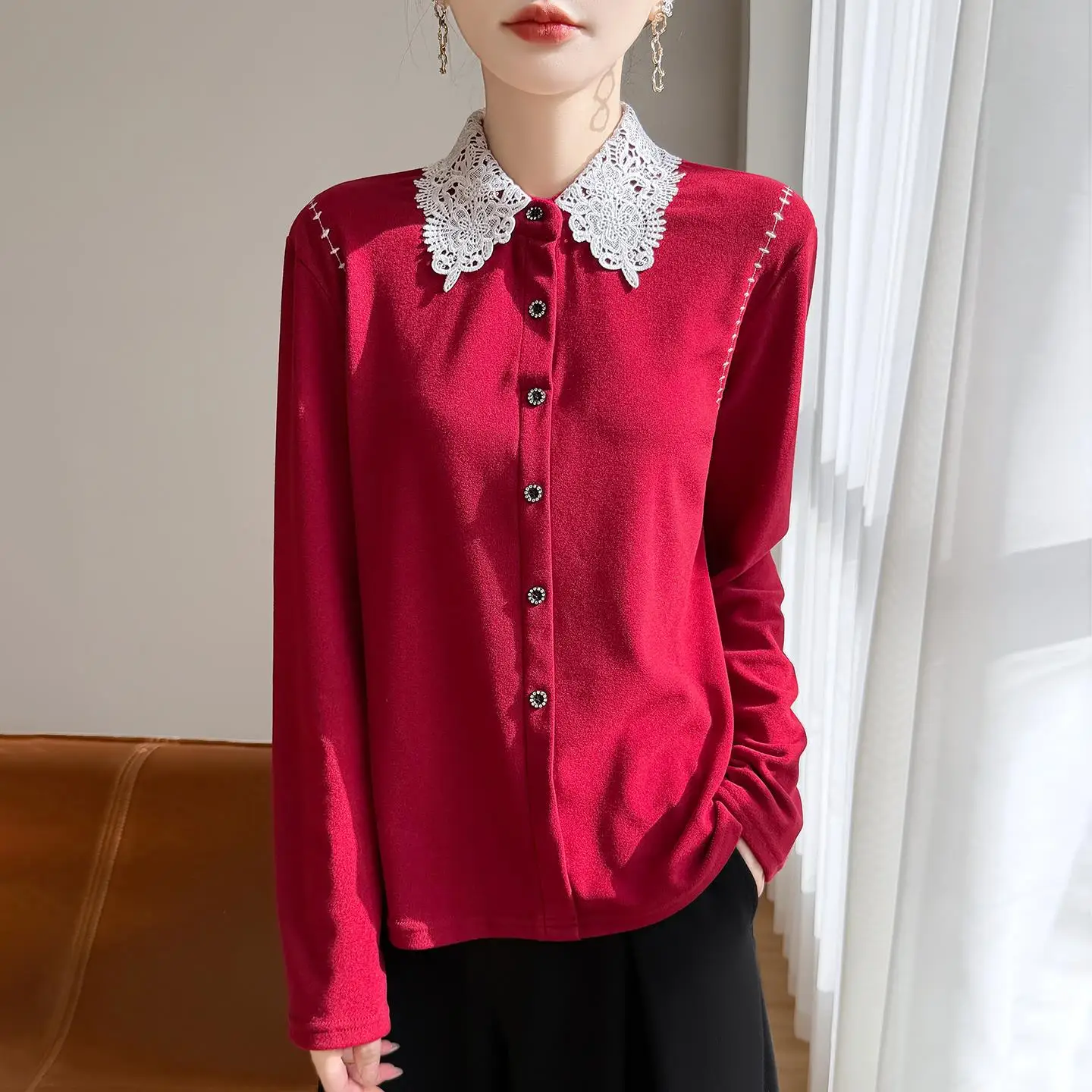 

Корейская женская футболка из двустороннего бархата с длинным рукавом, облегающая, базовый слой, модная, с кружевной отделкой, для повседневной носки