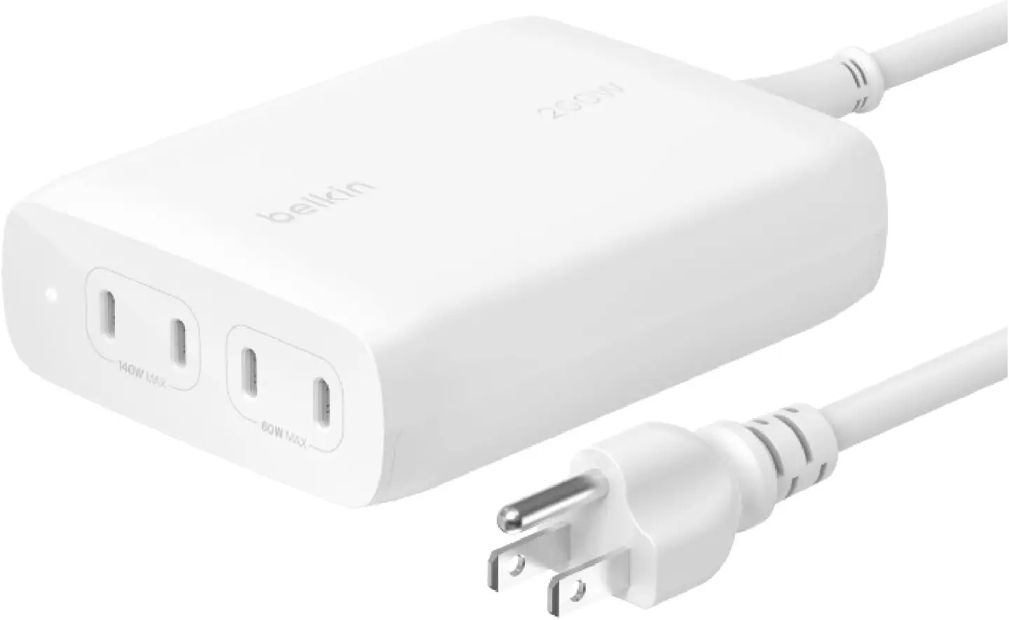 

4-портовое зарядное устройство USB-C 200W GaN с быстрой зарядкой и кабелем питания для ноутбуков, телефонов, планшетов и игровых устройств - белый