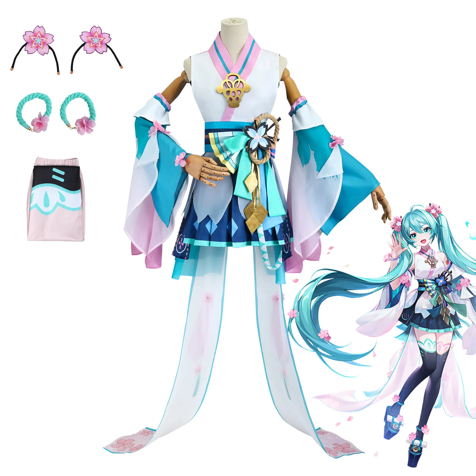 Hatsune Miku Anime Cosplay Costume Kimono Haori Dress Wig Clothes Girl Women School Uniform Dresses Halloween Loli Clothing