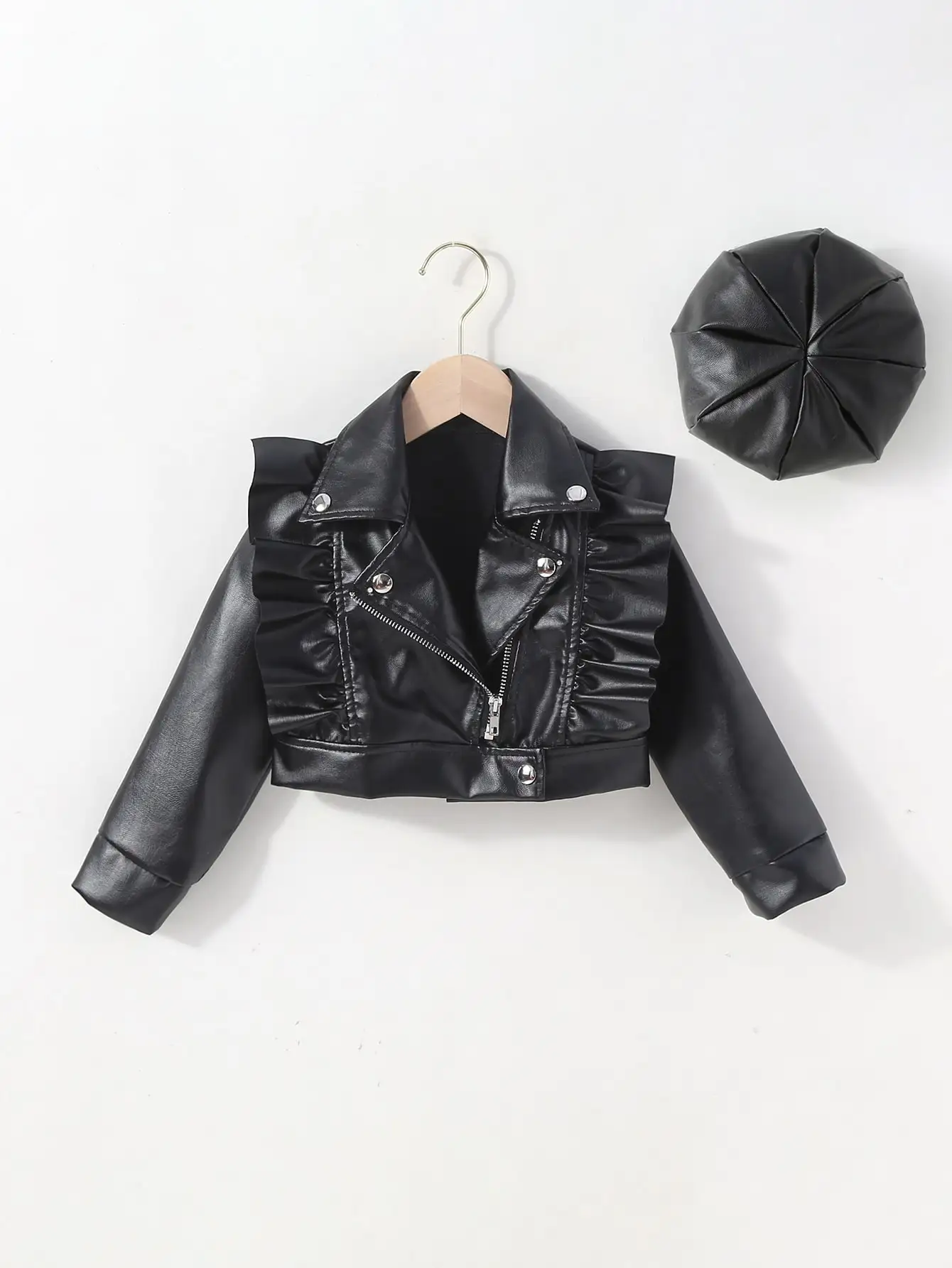 Fashion Kids PU Leather Jacket Long Sleeve Turn-down Collar Zipper Closure Casual Outwear For Girls Boys(With Hat)