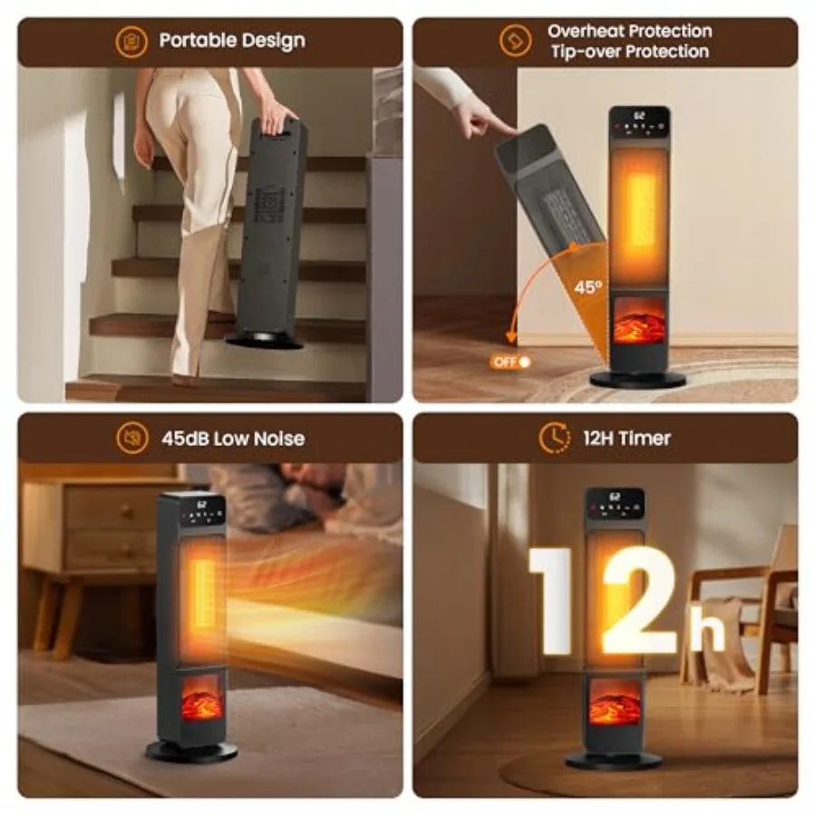 سخان مدفأة كهربائي PTC بقدرة 1500 وات مع تأثير لهب ثلاثي الأبعاد ومجموعة مروحة تذبذب 90 لميز الاستخدام الداخلي للمنزل والمكتب C