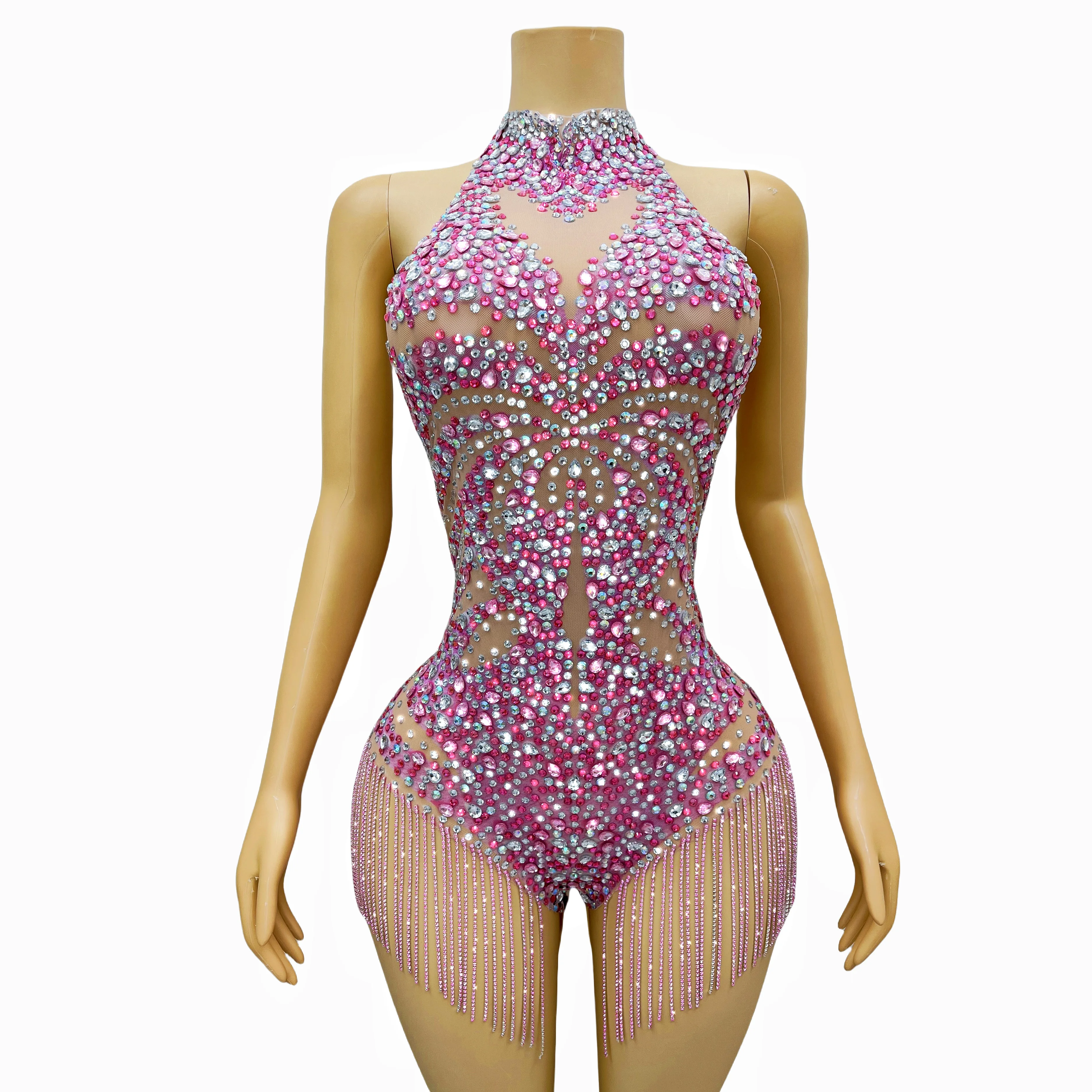 Flashing Pink Rhinestones Crystals Chains Fringes Leotard Evening Birthday Backless Bodysuit Costume Dance Sexy  Outfit yinghua