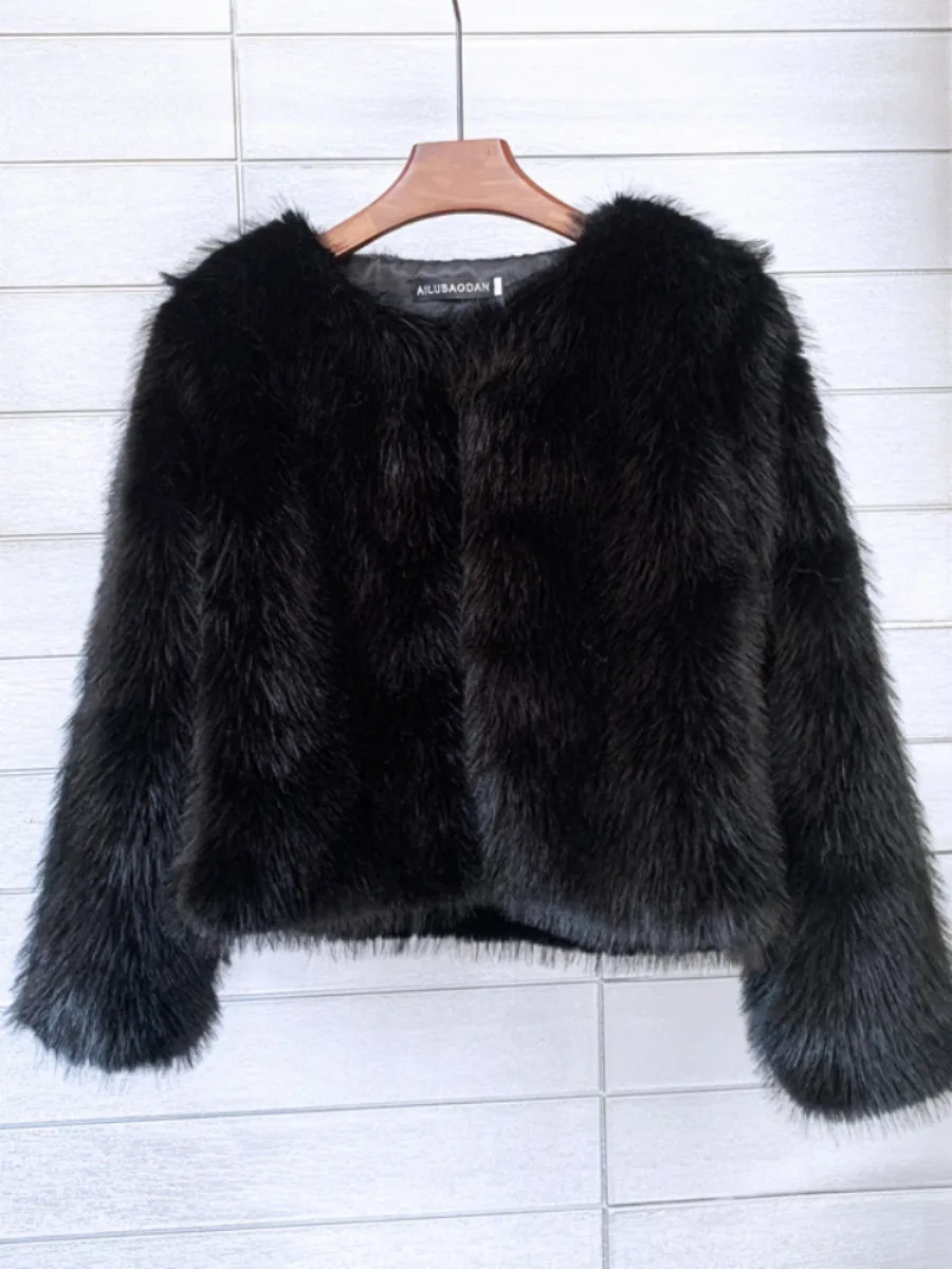 Women Imitation Faux Fur Coat Solid Color Plush Warm Jacket Loose Slim Fit Long Sleeve Thick Cardigan High Street 2024 Autumn