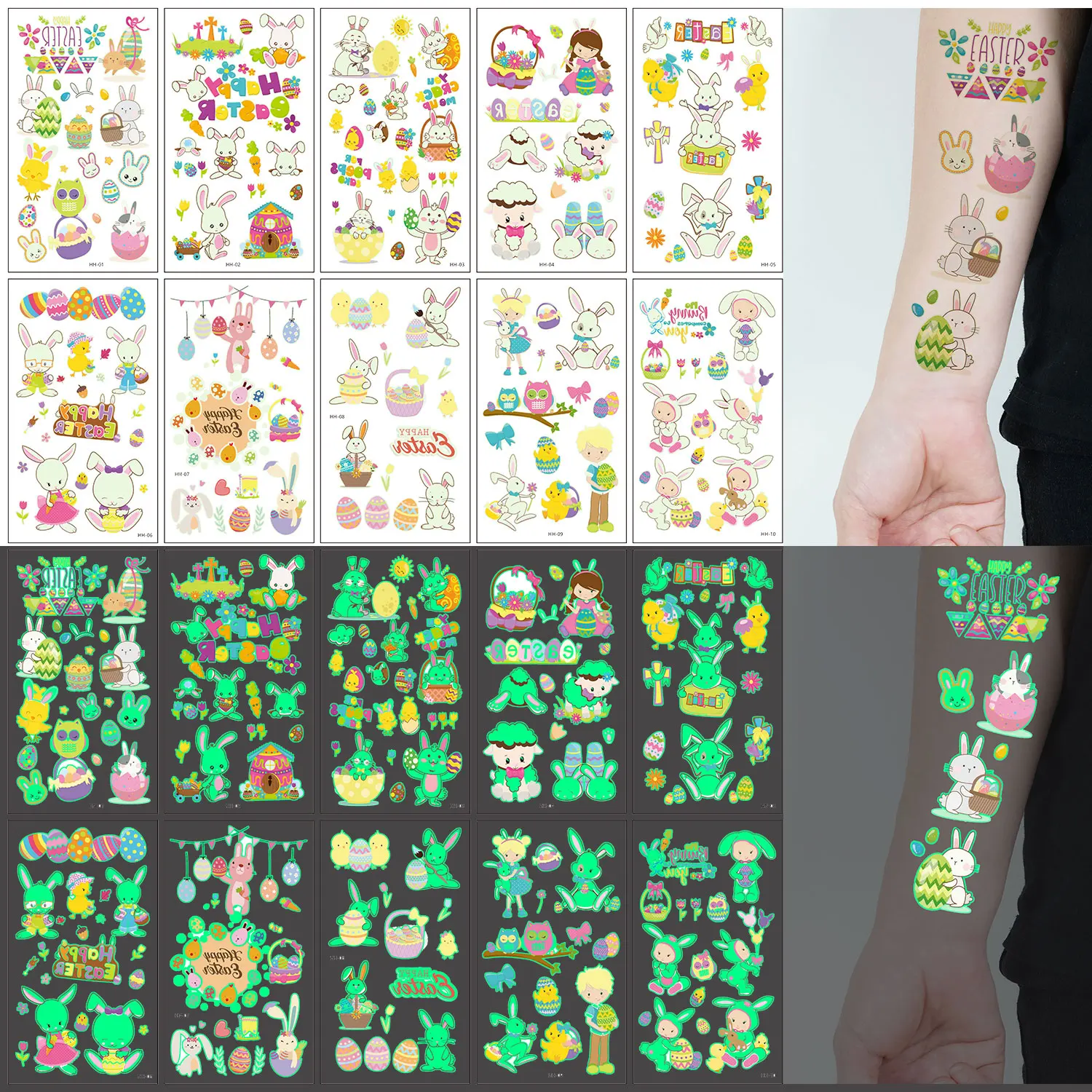 

10 Pcs Easter Cartoon Bunny Easter Egg Pattern Luminous Temporary Tattoo Stickers, Glow In The Dark, Birthday Party Gift Sticker