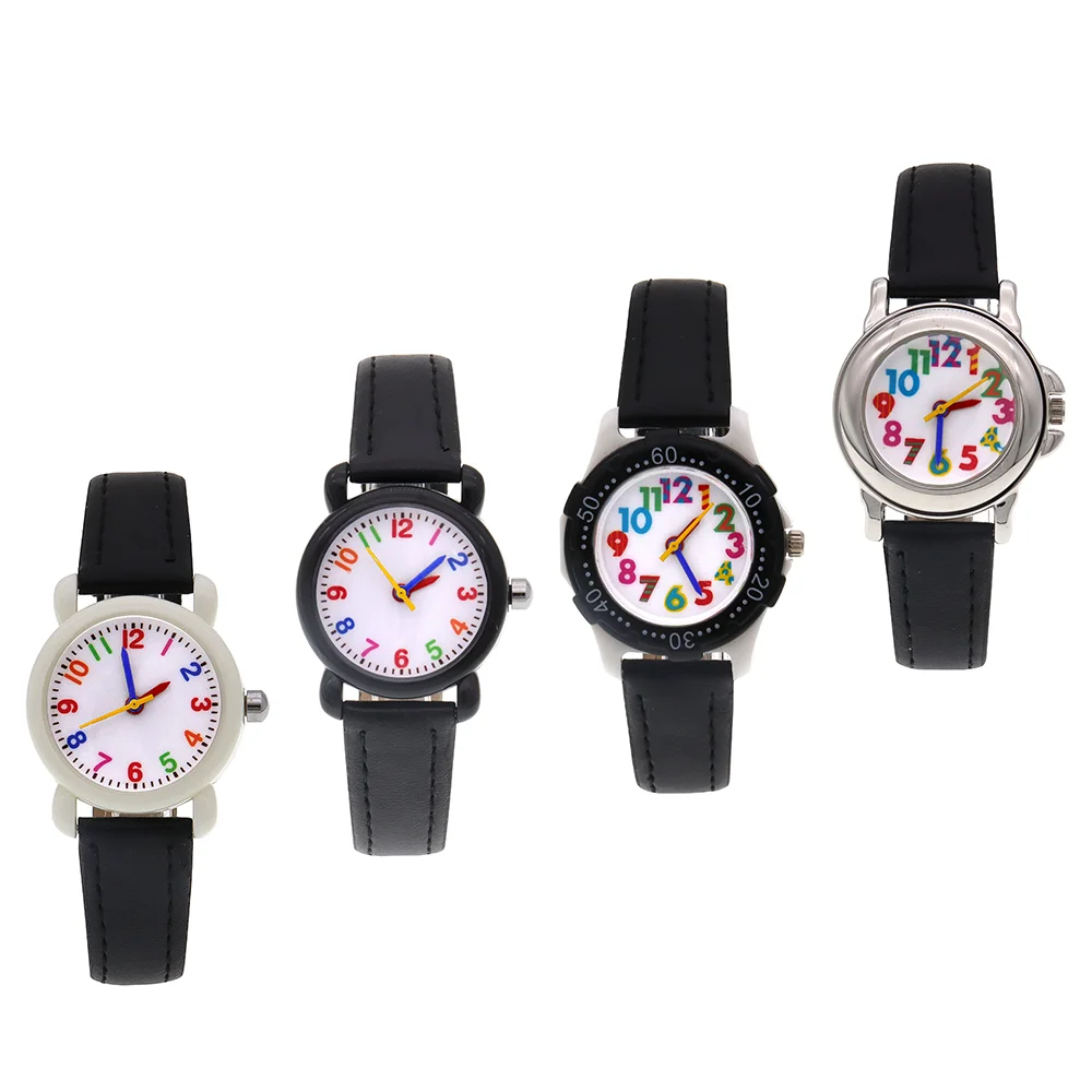 4Pcs  Boys Girls Quartz Wristwatches Simple Watch School Students Watches Black Strap