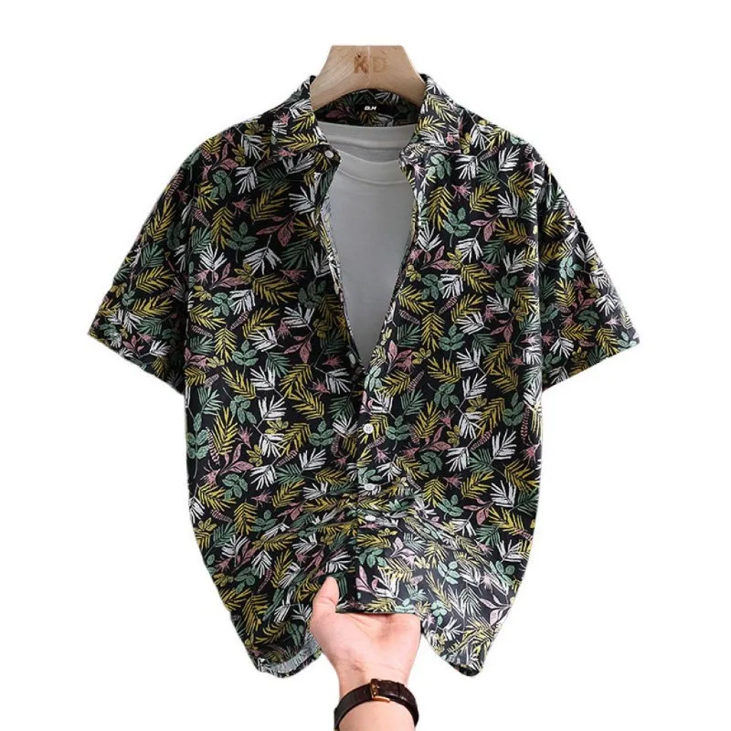 

Summer Men Unique Floral Print Short Sleeve Shirt Lightweight Ice Silk Casual Garment for Layering Fashionable Trendy